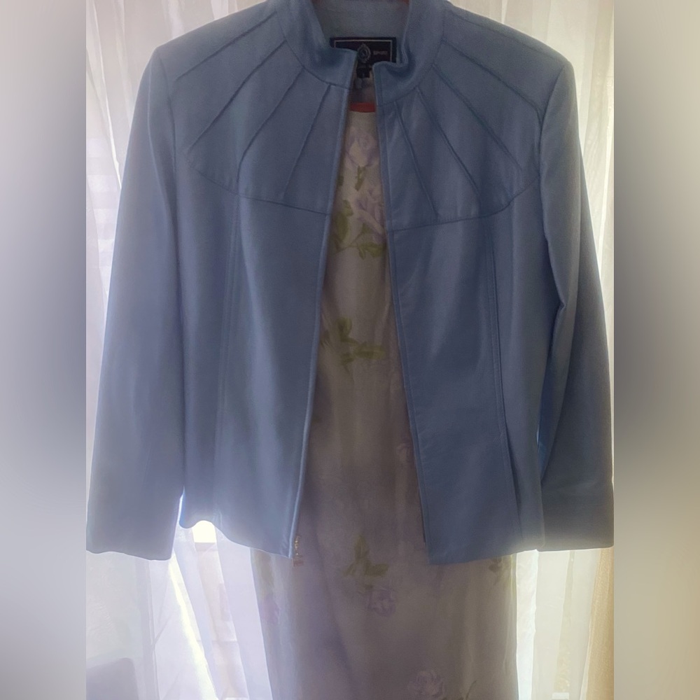 St John Italian Made 100% Leather Women’s Jacket Size S Dusty Blue / Winter Blue